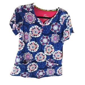 Premier By Healing Hands Women's Scrub Top Size Small Medallion Gray Red Blue...